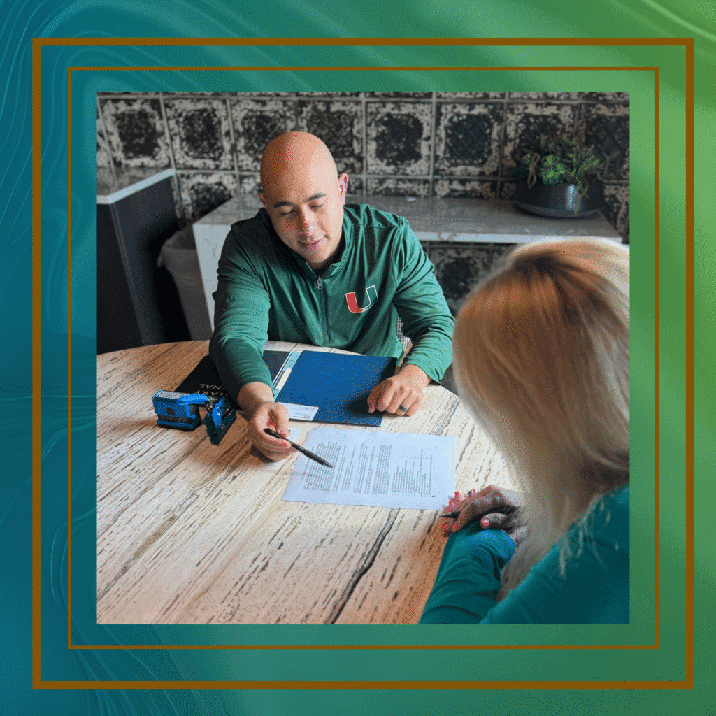 Mobile notary meeting in person with a client to notarize wills and trusts and review estate planning documents at a convenient location.