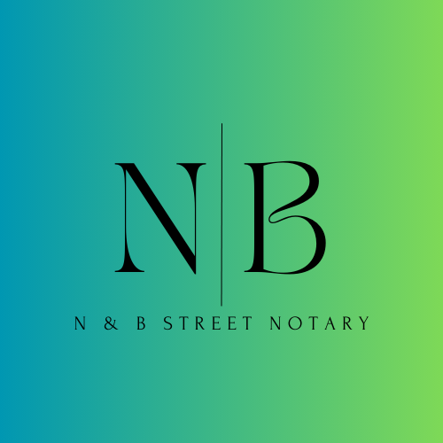 N & B Street Notary logo featuring elegant black initials ‘N’ and ‘B’ separated by a thin vertical line on a blue-to-green gradient background — representing professional, modern remote online notary services in Texas.